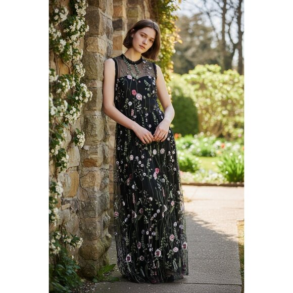 City Studio Juniors Ladies Black Floral Embroidered Ruffle Trim Maxi Dress Sz 13 - Picture 1 of 11